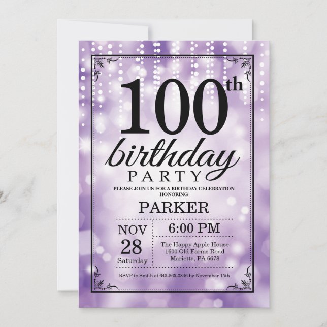 100:e födelsedagsinbjudan till Lila Glitter Inbjudningar (Framsida)