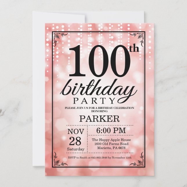 100:e födelsedagsinbjudan till Rosa Glitter Inbjudningar (Framsida)