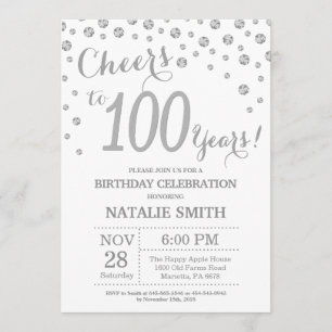 100:e födelsedagsinbjudan till Silver Glitter Diam Inbjudningar
