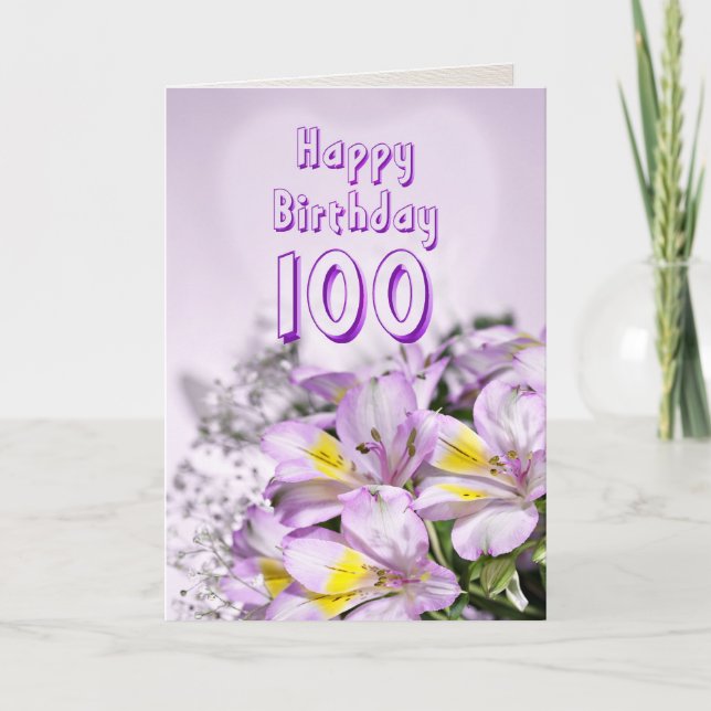 100:e födelsedagskort med alstromeriska liljeblomm kort (Framsida)