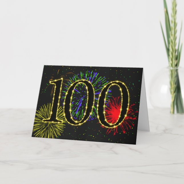 100:e födelsedagskort med fyrverkerier kort (Framsida)
