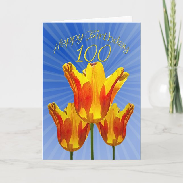 100:e födelsedagskort, tuliper fullt solsken kort (Framsida)