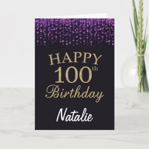100:e födelsedagskortet Lila Black och Guld Glitte Kort