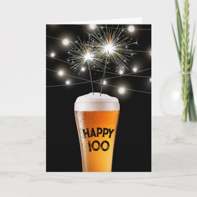 100:e födelsedagssparkler i ölglas kort (Framsida)