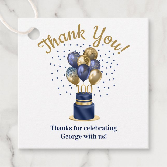 100:e födelsedagstidningen Blue Balloon Cake Tack Gåvor Etiketter (Framsida)