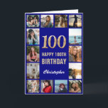100:e Grattis på födelsedagen-marinens blå fotfoto Kort<br><div class="desc">100:e Grattis på födelsedagen marinblått och Guld fotosamlingskort. Om du vill göra ytterligare anpassningar klickar du på knappen "Anpassa" och användor verktyg som är utformat för att ändra mallen.</div>