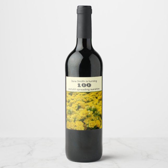 100:e Gulten på födelsedagen, blommande fotmilstol Vinflaska Etikett (Framsida)