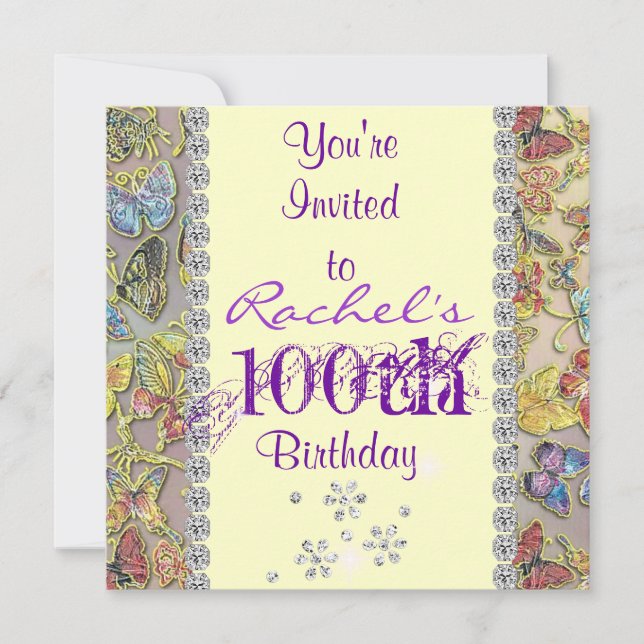 100:E LILA BUTTERFLY Birthday BLING Inbjudningar (Framsida)