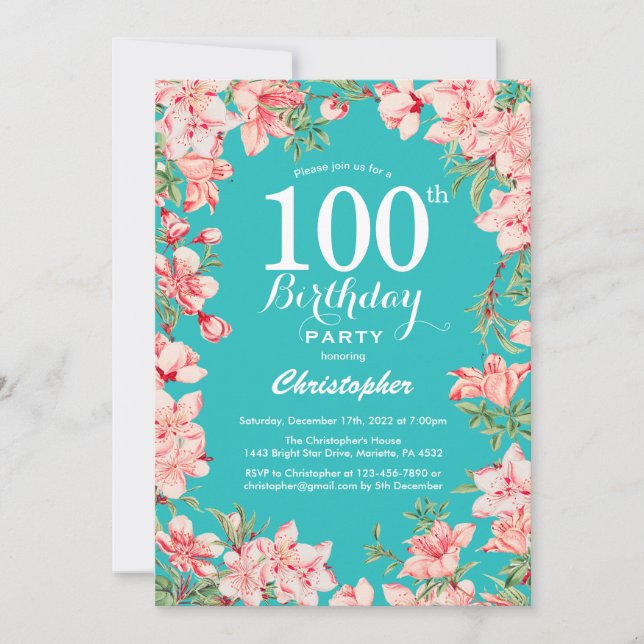 100:e Rosa Blommigt Flowers Teal Backgroun Inbjudningar (Framsida)