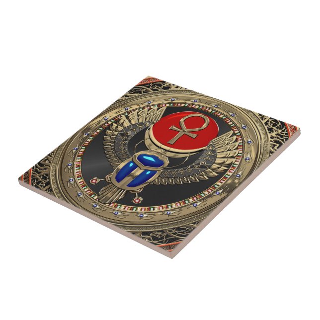 [100] Egyptiska Winged Scarab i Helig Guld med Ank Kakelplatta (Sidan)