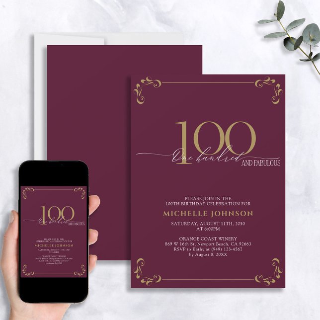 100 & Fabulous Burgundy White & Guld Birthday Inbjudningar (Skapare uppladdad)