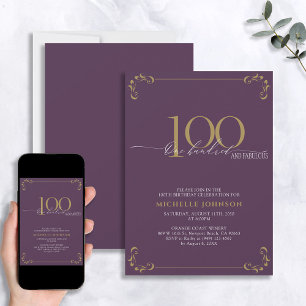 100 & Fabulous Lila & Guld Calligraphy Birthday Inbjudningar
