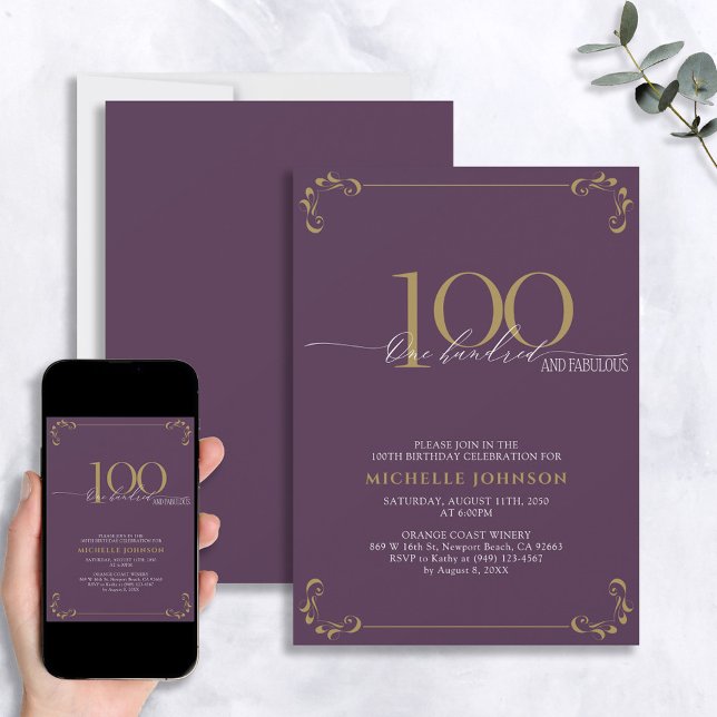100 & Fabulous Lila & Guld Calligraphy Birthday Inbjudningar (Skapare uppladdad)
