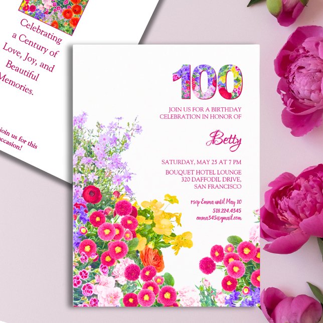 100-födelsedagsfestens blommigt blommor, modern 10 inbjudningar (Skapare uppladdad)