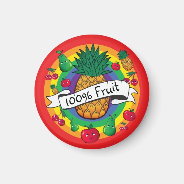 "100 % frukt", regnbåge, färgad kawaii-frukt magnet (Framsidan)