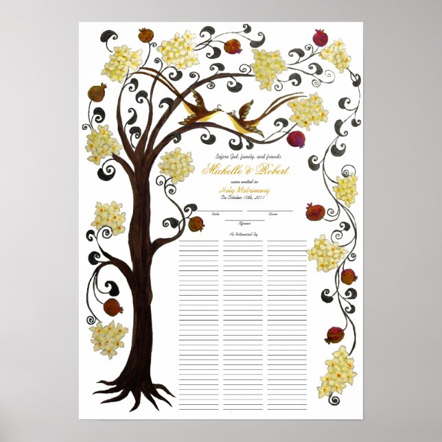 100 gäster Quaker Bröllop - Gult, Livets träd Poster (Framsidan)
