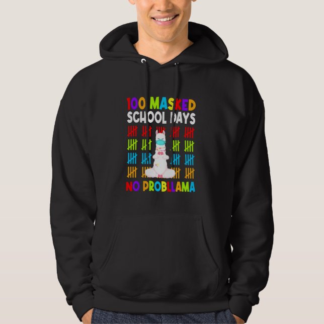100 Mask School Days No Probllama Lycklig 100 Da Hoodie (Framsida)