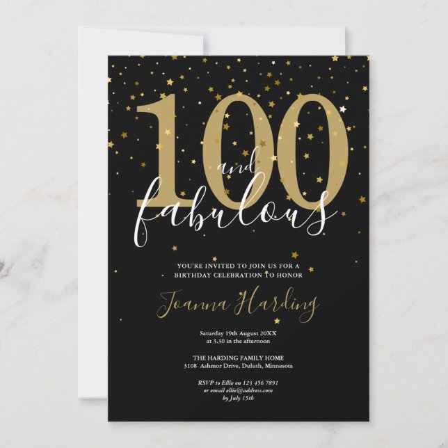 100 och Fabulous Elegant Guld och Black Birthday Inbjudningar (Framsida)