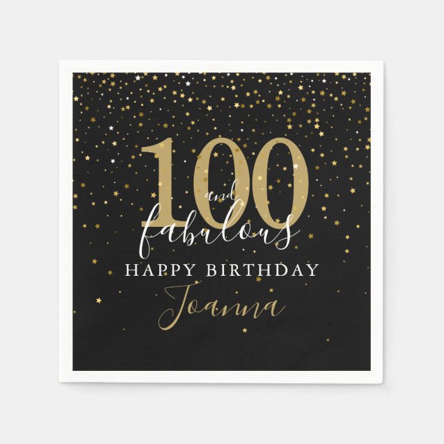 100 och fantastisk guldsvart födelsedagsfest pappersservett (Framsidan)