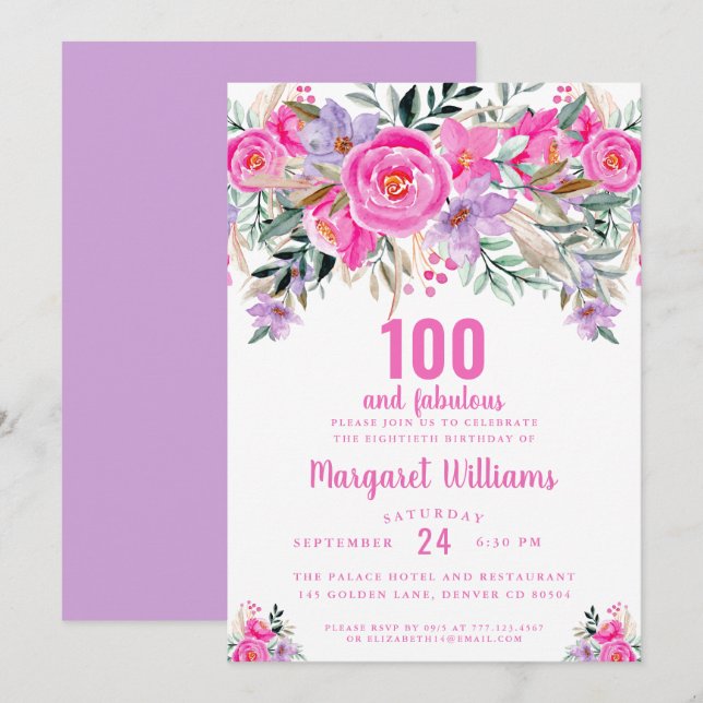 100 och fantastisk lila rosa 100-årsdag inbjudningar (Fram/baksida)