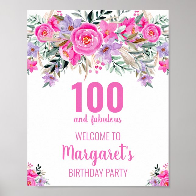 100 och fantastisk rosa elegant födelsedagsfest poster (Framsidan)