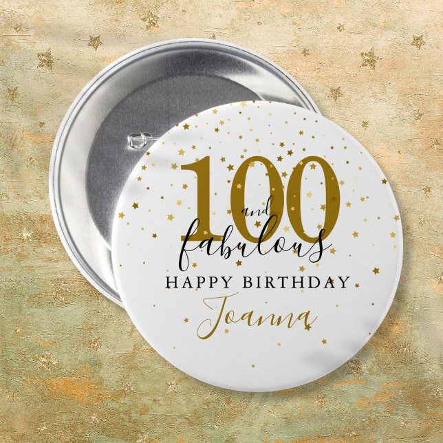 100 och fantastisk svart guld födelsedagsfest knapp (100 and Fabulous Gold Black Birthday Party Button)
