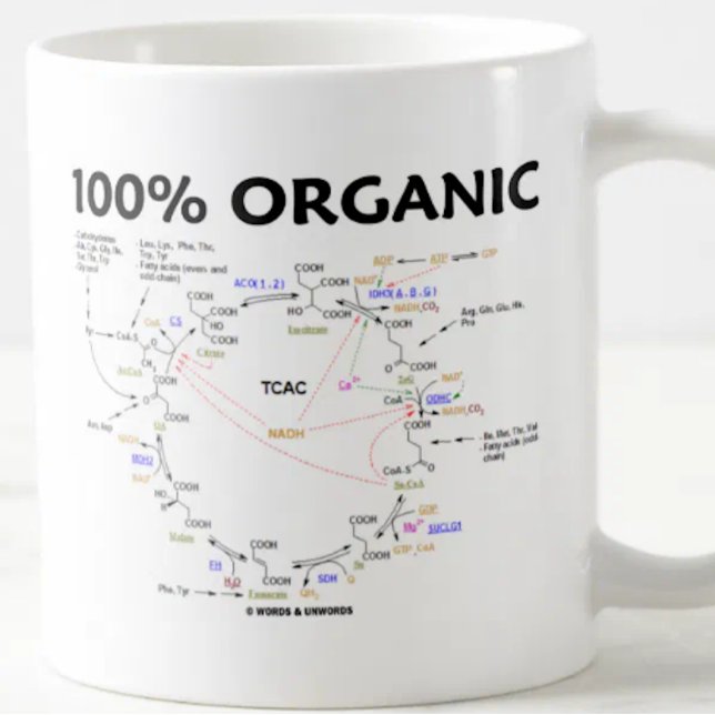 100 % organiskt (citronsyra - kretslopp) kaffemugg (Mug featuring Krebs cycle for anyone into organic chemistry. Includes title "100% Organic".)