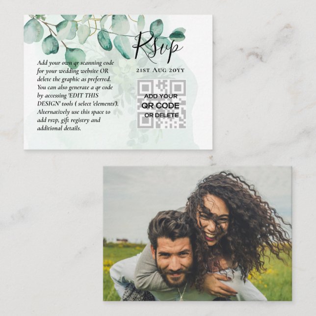 100 QR CODE BRÖLLOP OSA Greenery PHOTO-hölje Visitkort (Fram/baksida)