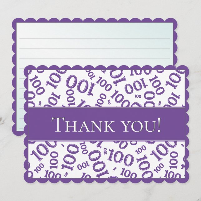 100 "Thank you!" Purple/White Number Pattern Tack Kort (Fram/baksida)