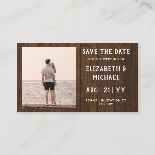100 x BUDGET Fotodatum Spara RUSTIC Wood Bröllop Visitkort (Framsida)
