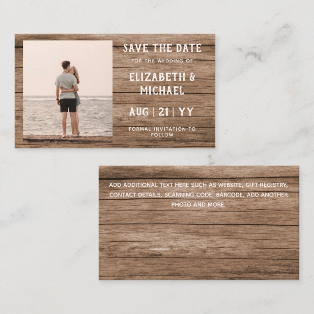 100 x BUDGET Fotodatum Spara RUSTIC Wood Bröllop Visitkort (Fram/baksida)