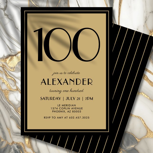 100th Birthday Adult Black and Gold Modern Minimal Inbjudningar (Personalized black and gold invitation for an unforgettable 100th birthday.)