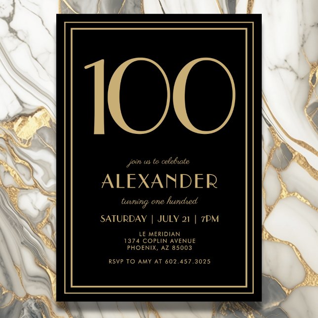 100th Birthday Black and Gold Modern Minimal Adult Inbjudningar (Elegant black and gold 100th birthday invitation design for him or her.)