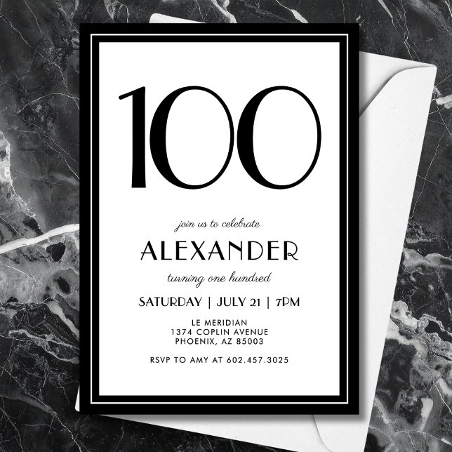 100th Birthday Black and White Modern Minimalist  Inbjudningar (A chic black & white invitation that blends modern minimal design with elegance for 100th birthday.)