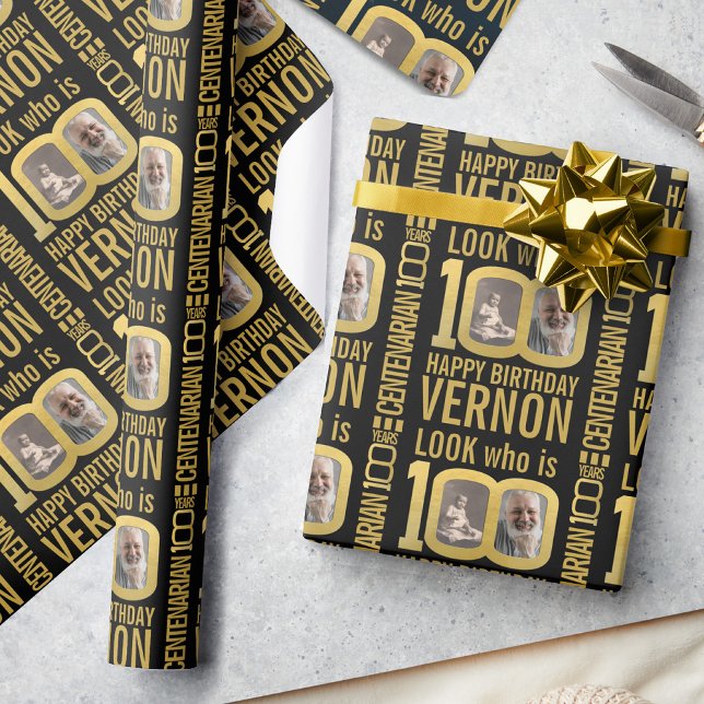 100th birthday black gold custom photos name presentpapper (Skapare uppladdad)