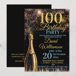 100th Birthday Bubbly Fireworks Gold Blue Inbjudningar