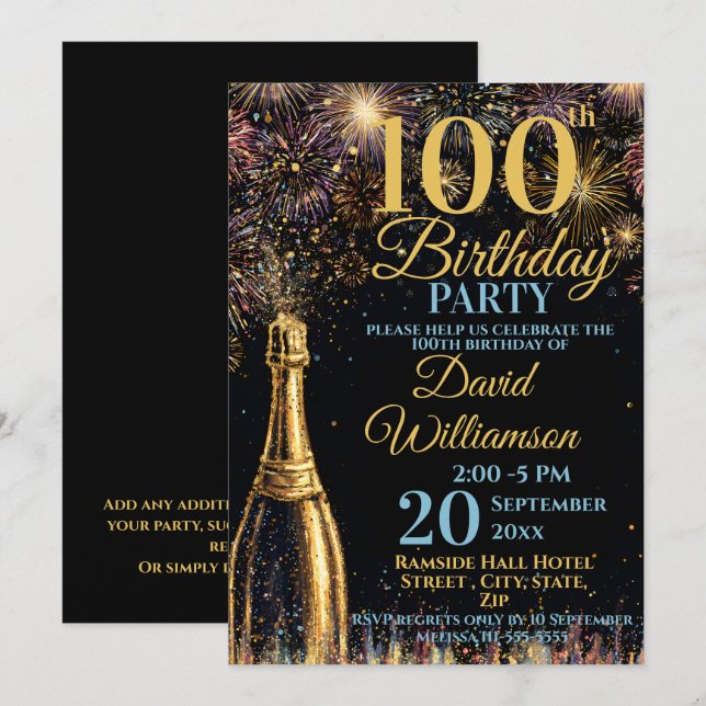 100th Birthday Bubbly Fireworks Gold Blue Inbjudningar (Fram/baksida)