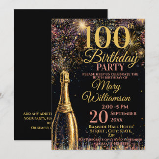 100th Birthday Bubbly Fireworks Gold Pink Inbjudningar
