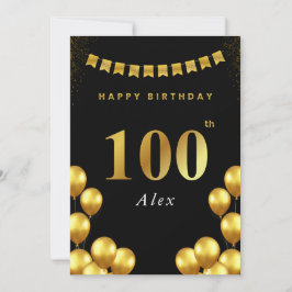 100th Birthday Card Black and Gold Balloons Kort