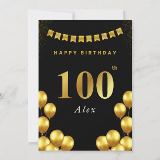 100th Birthday Card Black and Gold Balloons Kort
