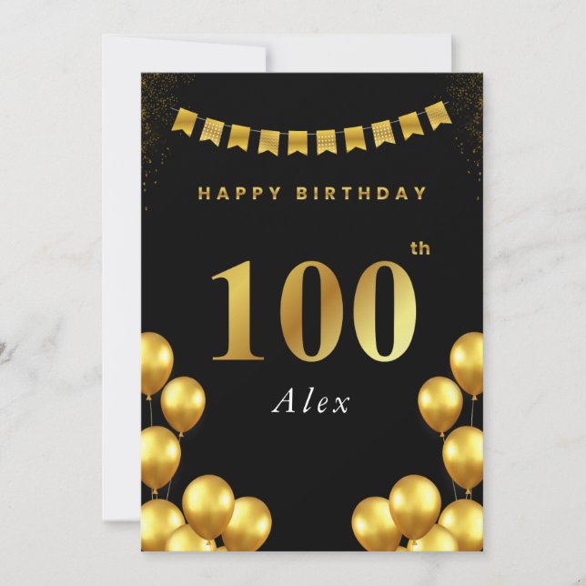 100th Birthday Card Black and Gold Balloons Kort (Framsida)