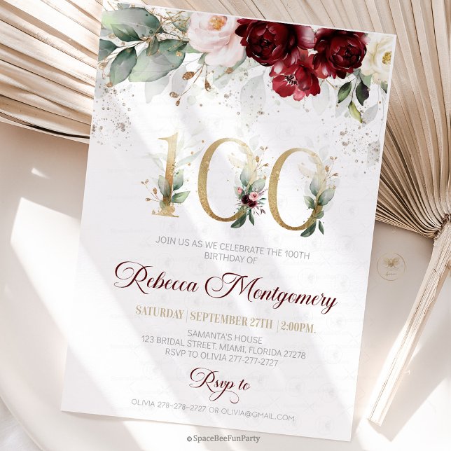100th birthday Elegant Milestone invitation OSA Kort (100th birthday invitation, editable sage green invitation, elegant floral design, eighty year old br)