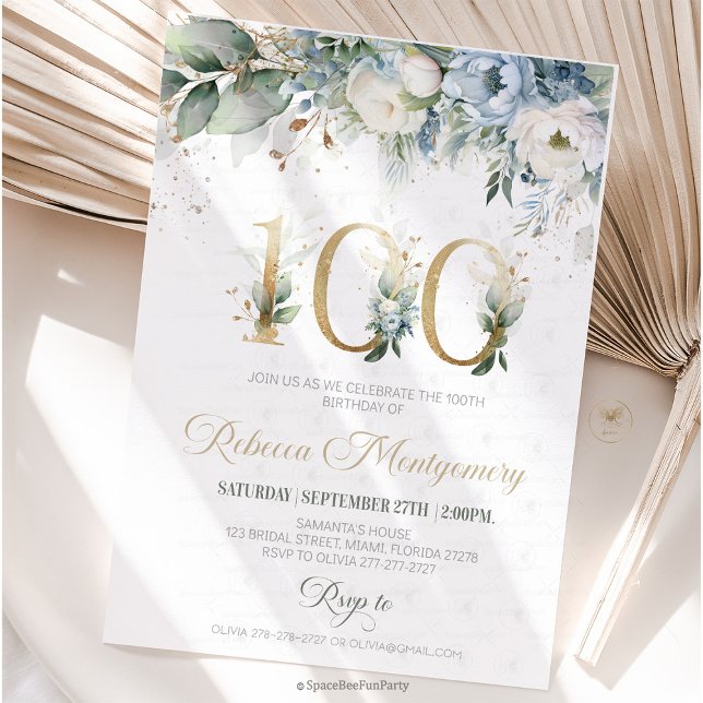 100th birthday Elegant Milestone invitation OSA Kort (100th birthday invitation, editable sage green invitation, elegant floral design, eighty year old br)