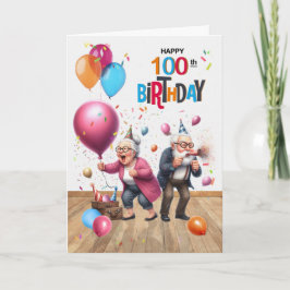 100th Birthday Funny Old Man and Woman Balloons Kort