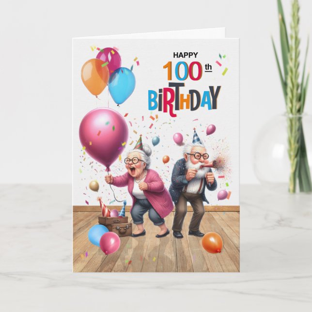 100th Birthday Funny Old Man and Woman Balloons Kort (Framsida)