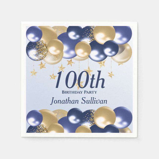 100th Birthday Navy Gold Balloons Party Pappersservett (Framsidan)