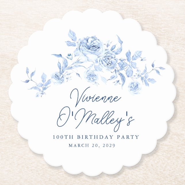 100th Birthday Party Blue Rose Floral Custom Underlägg Papper (Framsida)