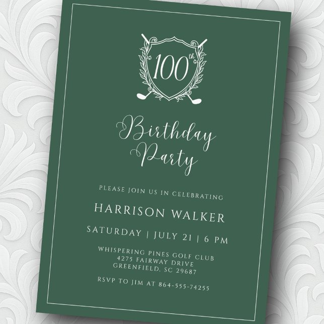 100th Birthday Party Golf Crest Elegant Script Inbjudningar (Rich green tones for a polished, upscale feel.)