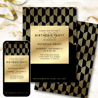 100th Birthday Party Modern Black and Gold Foil Inbjudningar