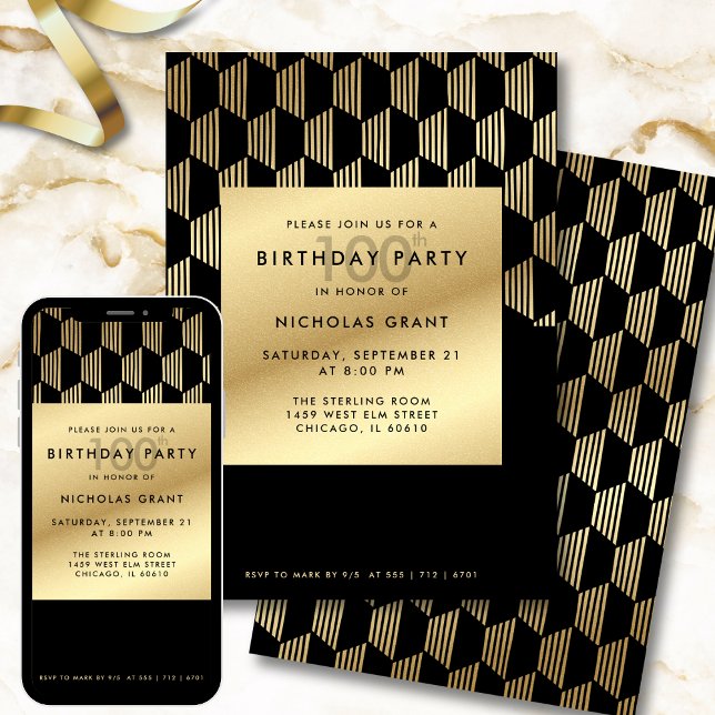 100th Birthday Party Modern Black and Gold Foil Inbjudningar (Skapare uppladdad)